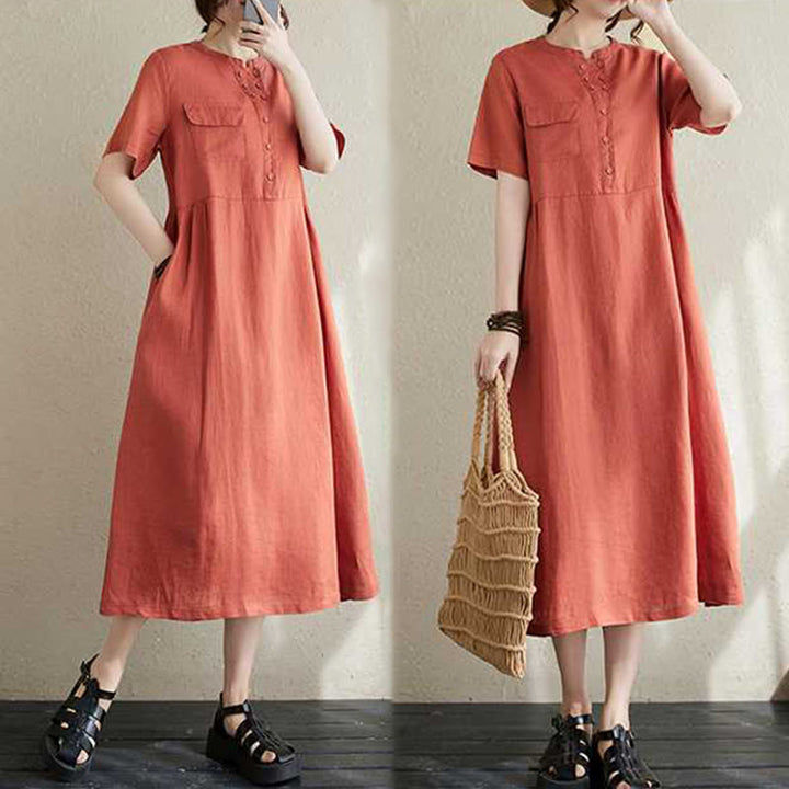 Buddha Stones Stand Collar Buttons Design Linen Short Sleeve Midi Dress With Pockets - image 14