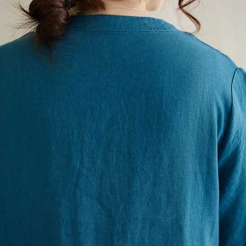 Buddha Stones Stand Collar Buttons Design Linen Short Sleeve Midi Dress With Pockets - image 20