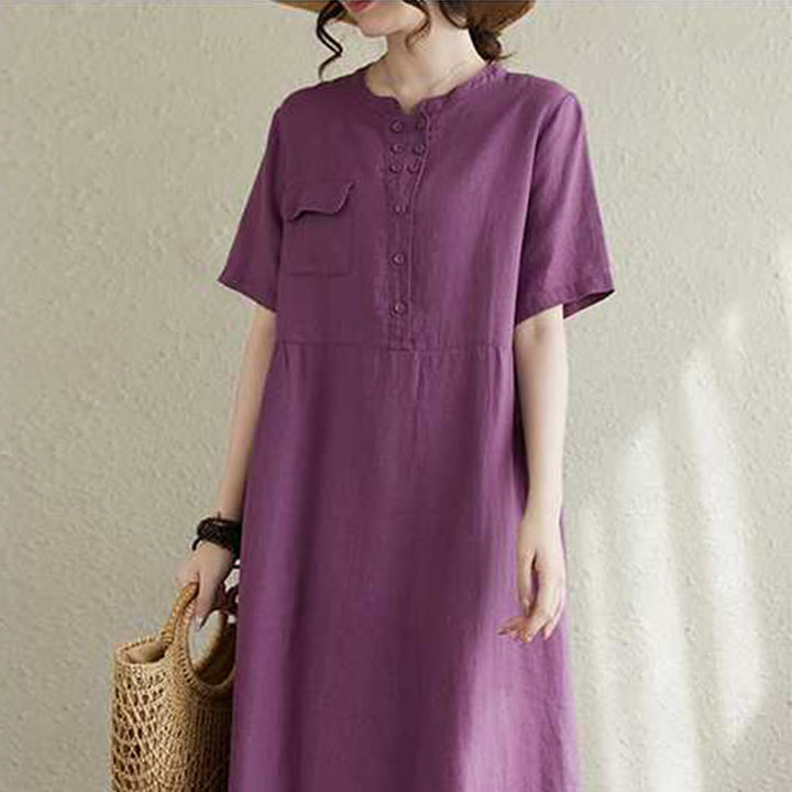 Buddha Stones Stand Collar Buttons Design Linen Short Sleeve Midi Dress With Pockets - image 3