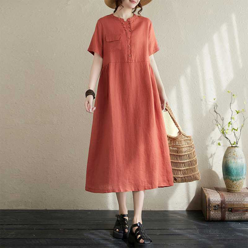 Buddha Stones Stand Collar Buttons Design Linen Short Sleeve Midi Dress With Pockets - Tomato - US8-10，UK/AU12-14，EU40-42 (2XL) - image 10