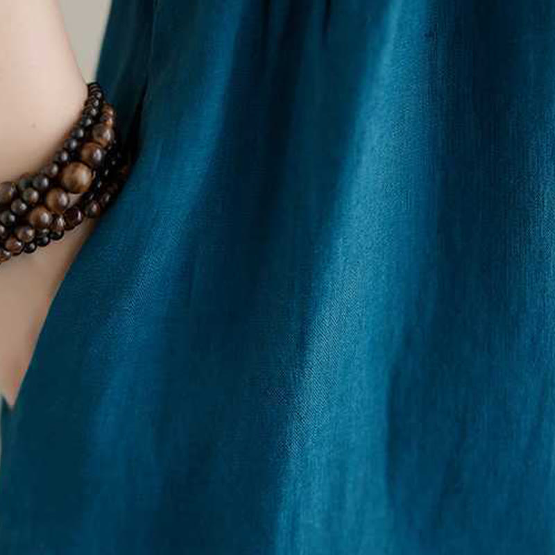 Buddha Stones Stand Collar Buttons Design Linen Short Sleeve Midi Dress With Pockets - image 23