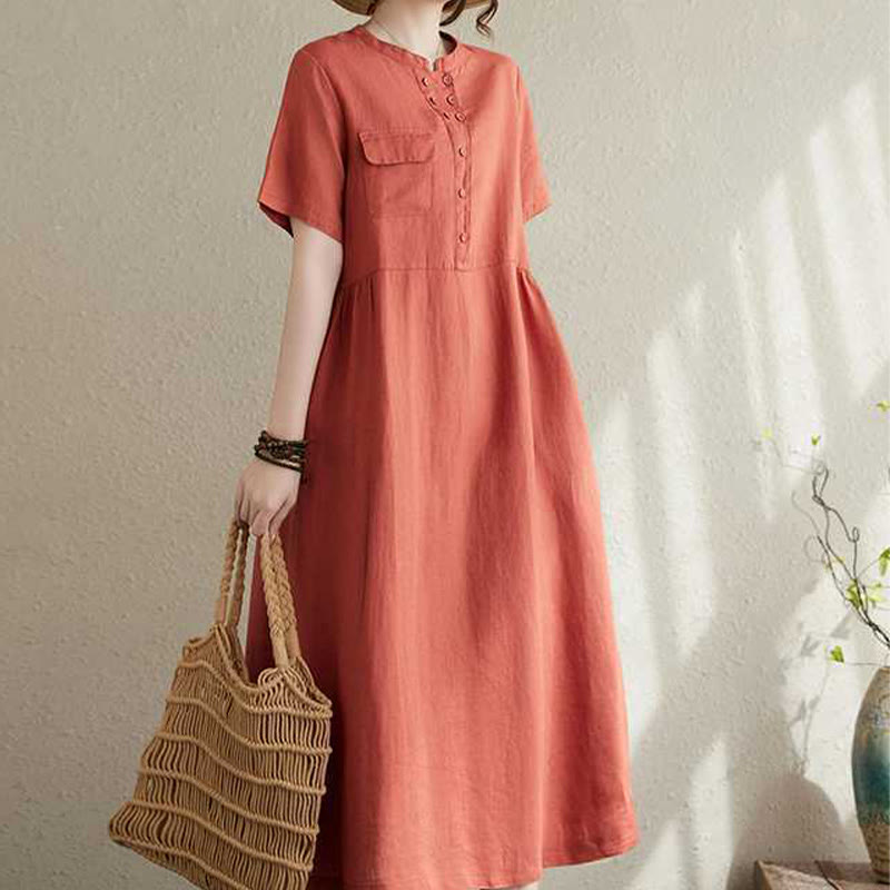 Buddha Stones Stand Collar Buttons Design Linen Short Sleeve Midi Dress With Pockets - image 12
