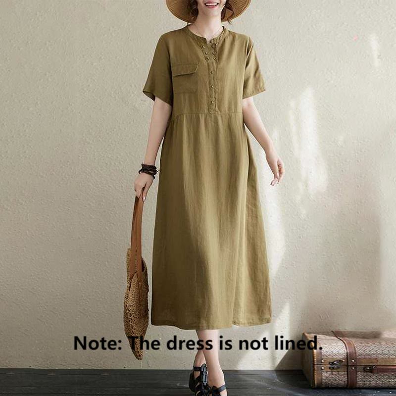 Buddha Stones Stand Collar Buttons Design Linen Short Sleeve Midi Dress With Pockets - image 7