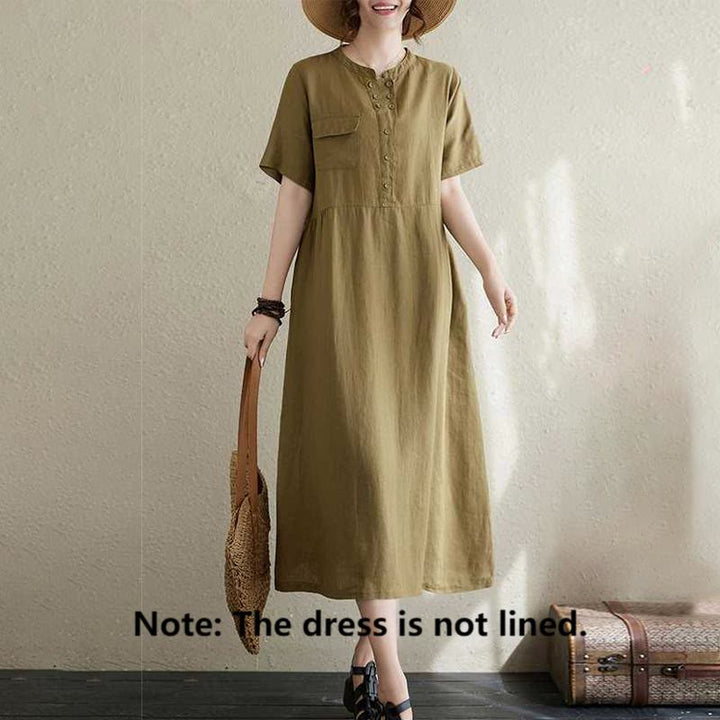 Buddha Stones Stand Collar Buttons Design Linen Short Sleeve Midi Dress With Pockets - image 7