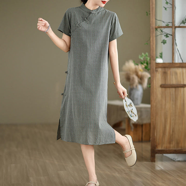 Buddha Stones Plaid Short Sleeve Frog-Button Design Cotton Linen Improved Cheongsam Midi Dress - image 12