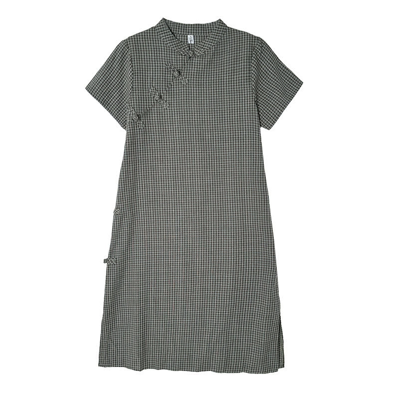 Buddha Stones Plaid Short Sleeve Frog-Button Design Cotton Linen Improved Cheongsam Midi Dress - image 14