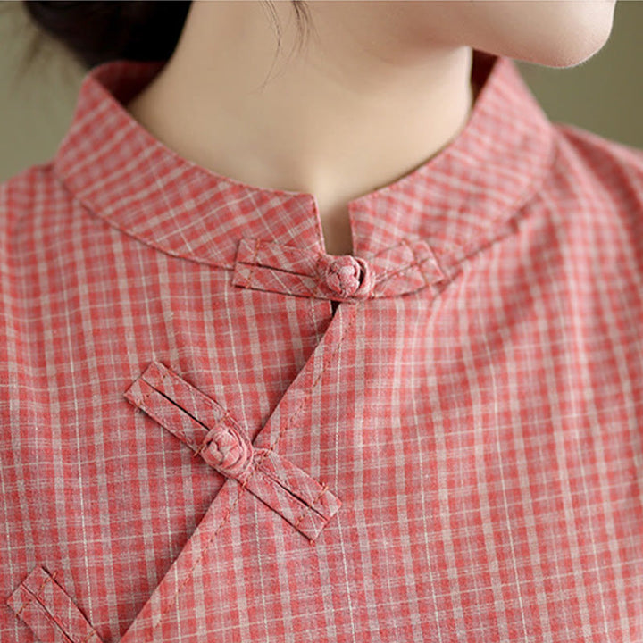 Buddha Stones Plaid Short Sleeve Frog-Button Design Cotton Linen Improved Cheongsam Midi Dress - image 4