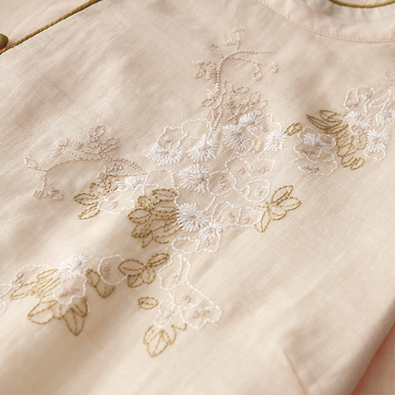 Buddha Stones Embroidery Buttons Design Long Sleeve Cotton Linen Midi Dress With Pockets - image 6