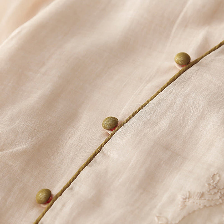 Buddha Stones Embroidery Buttons Design Long Sleeve Cotton Linen Midi Dress With Pockets - image 5