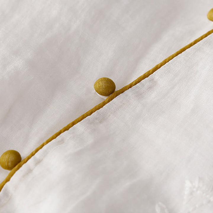 Buddha Stones Embroidery Buttons Design Long Sleeve Cotton Linen Midi Dress With Pockets - image 18