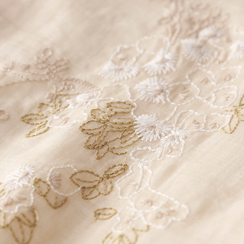 Buddha Stones Embroidery Buttons Design Long Sleeve Cotton Linen Midi Dress With Pockets - image 7