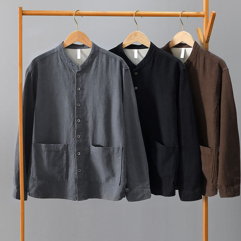 Buddha Stones Solid Color Men's Buttons Long Sleeve Cotton Linen Shirt With Pockets - image 24