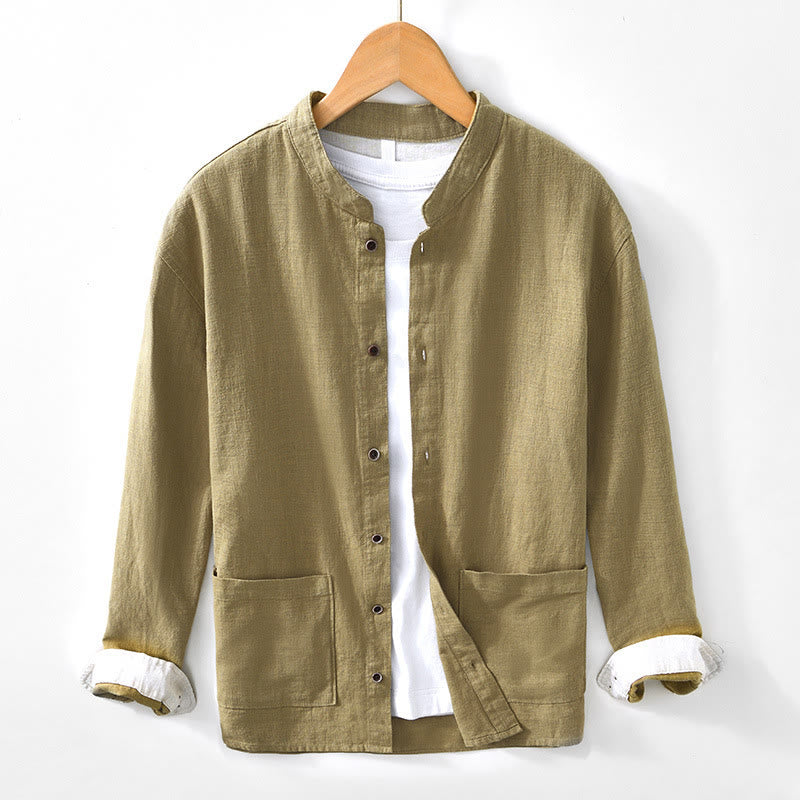 Buddha Stones Solid Color Men's Buttons Long Sleeve Cotton Linen Shirt With Pockets - YellowGreen - US/UK/AU42，EU52 (3XL) - image 23