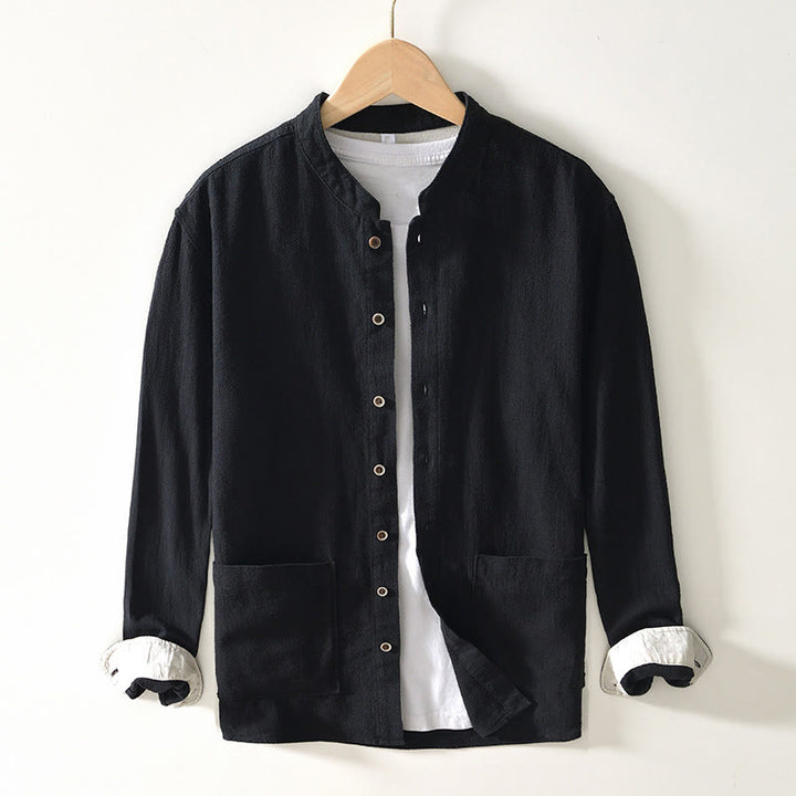 Buddha Stones Solid Color Men's Buttons Long Sleeve Cotton Linen Shirt With Pockets - Black - US/UK/AU42，EU52 (3XL) - image 7