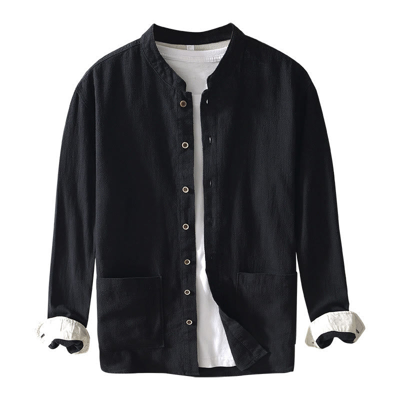 Buddha Stones Solid Color Men's Buttons Long Sleeve Cotton Linen Shirt With Pockets - image 15