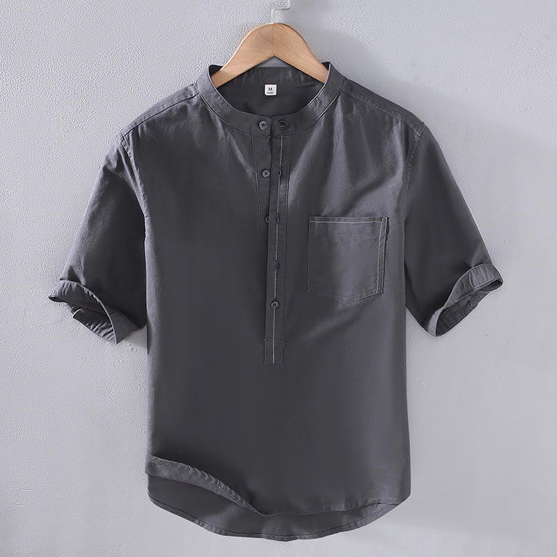 Buddha Stones Spring Pure Color Half Buttons Design Stand Collar Men's Short Sleeve Linen Shirt With Pocket - SlateGray - US/UK/AU42，EU52 (3XL) - image 1