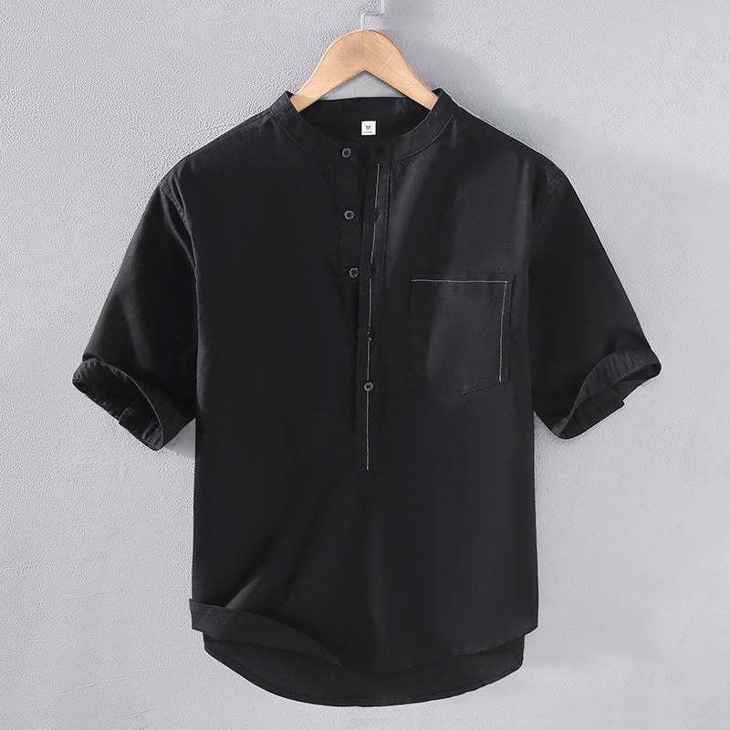 Buddha Stones Spring Pure Color Half Buttons Design Stand Collar Men's Short Sleeve Linen Shirt With Pocket - Black - US/UK/AU42，EU52 (3XL) - image 2