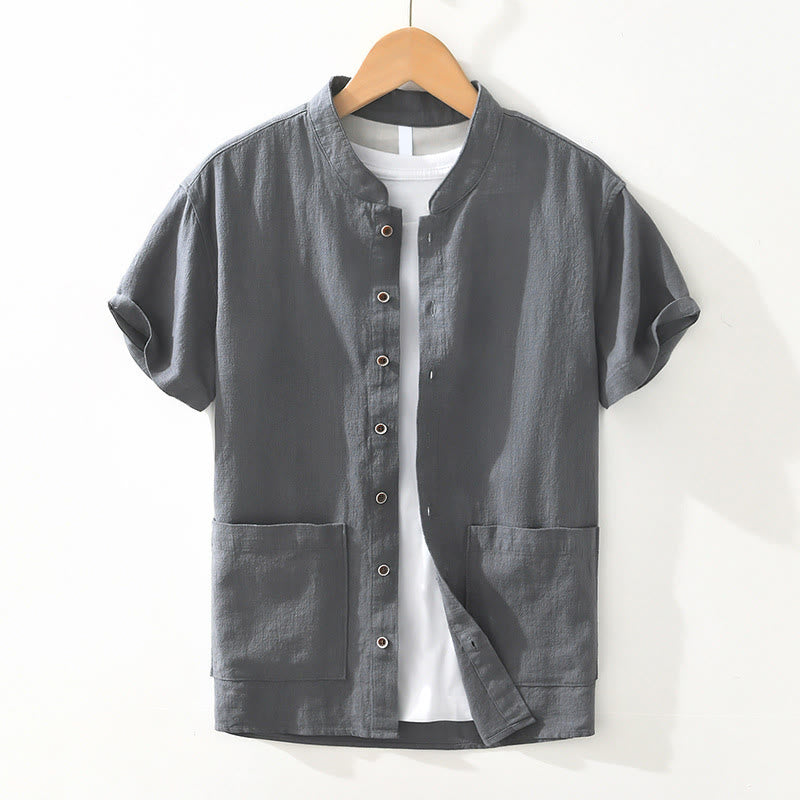 Buddha Stones Casual Buttons Design Stand Collar Men's Short Sleeve Cotton Linen Shirt With Pockets - SlateGray - US/UK/AU42，EU52 (3XL) - image 0