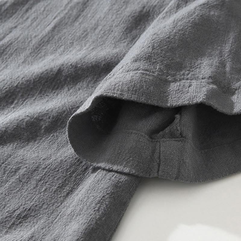 Buddha Stones Casual Buttons Design Stand Collar Men's Short Sleeve Cotton Linen Shirt With Pockets - image 4