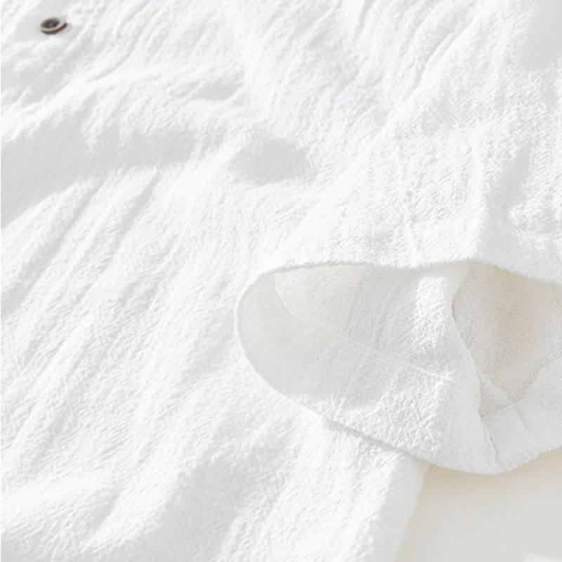 Buddha Stones Casual Buttons Design Stand Collar Men's Short Sleeve Cotton Linen Shirt With Pockets - image 9