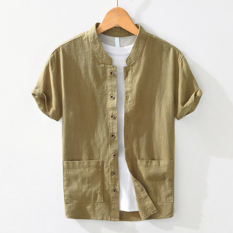 Buddha Stones Casual Buttons Design Stand Collar Men's Short Sleeve Cotton Linen Shirt With Pockets - YellowGreen - US/UK/AU42，EU52 (3XL) - image 12
