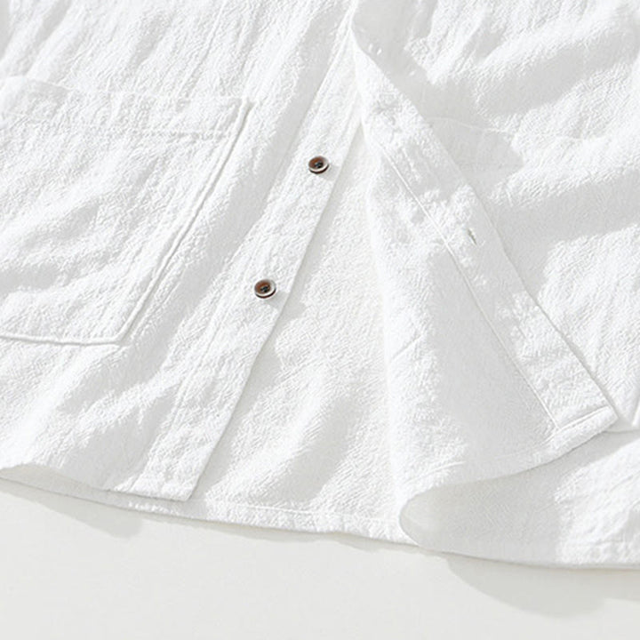 Buddha Stones Casual Buttons Design Stand Collar Men's Short Sleeve Cotton Linen Shirt With Pockets - image 10