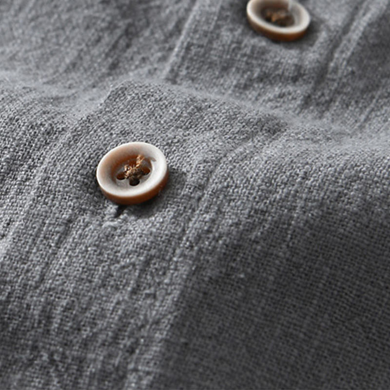 Buddha Stones Casual Buttons Design Stand Collar Men's Short Sleeve Cotton Linen Shirt With Pockets - image 2