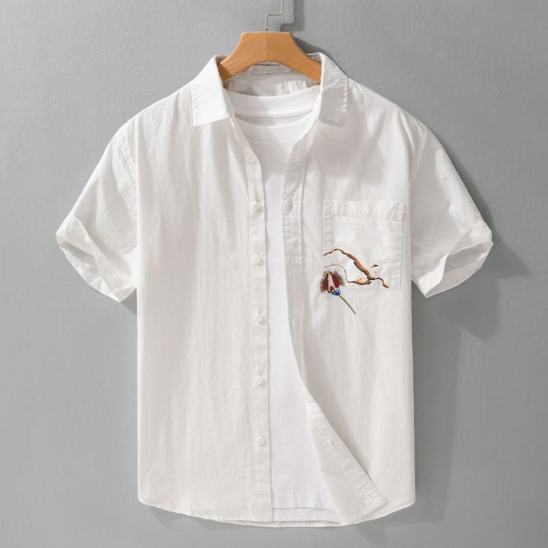 Buddha Stones Embroidery Match Flame Pattern Lapel Men's Short Sleeve Cotton Shirt With Pocket - White - US/UK/AU42，EU52 (3XL) - image 1