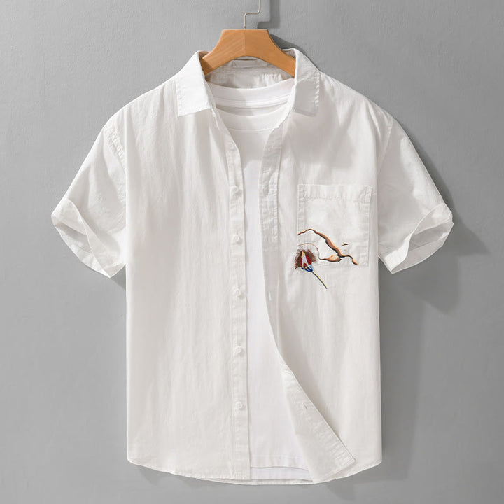Buddha Stones Embroidery Match Flame Pattern Lapel Men's Short Sleeve Cotton Shirt With Pocket - White - US/UK/AU42，EU52 (3XL) - image 1