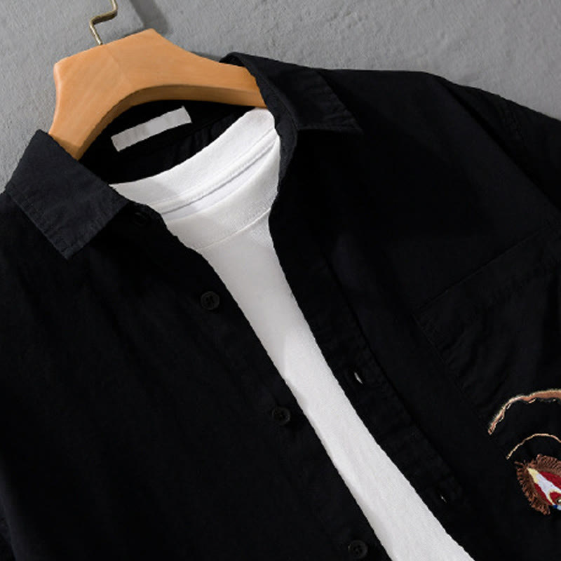 Buddha Stones Embroidery Match Flame Pattern Lapel Men's Short Sleeve Cotton Shirt With Pocket - image 11