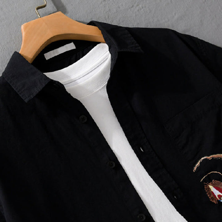 Buddha Stones Embroidery Match Flame Pattern Lapel Men's Short Sleeve Cotton Shirt With Pocket - image 11