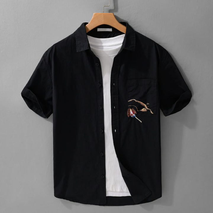 Buddha Stones Embroidery Match Flame Pattern Lapel Men's Short Sleeve Cotton Shirt With Pocket - Black - US/UK/AU42，EU52 (3XL) - image 10