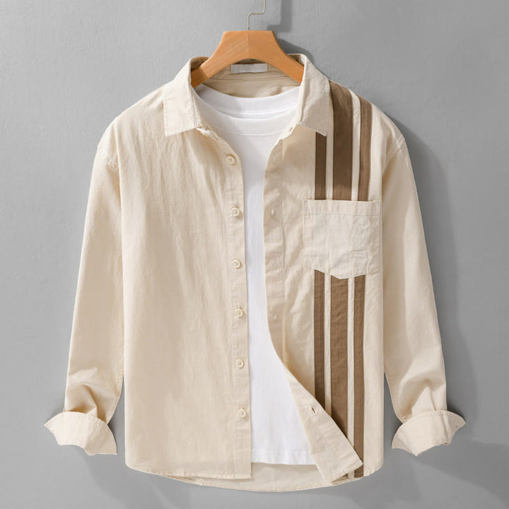 Buddha Stones Fall Lapel Color Contrast Patchwork Design Men's Long Sleeve Cotton Shirt With Pocket - Beige - US/UK/AU42，EU52 (3XL) - image 1