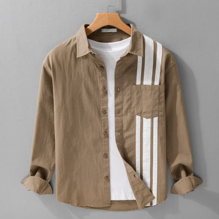 Buddha Stones Fall Lapel Color Contrast Patchwork Design Men's Long Sleeve Cotton Shirt With Pocket - Peru - US/UK/AU42，EU52 (3XL) - image 9