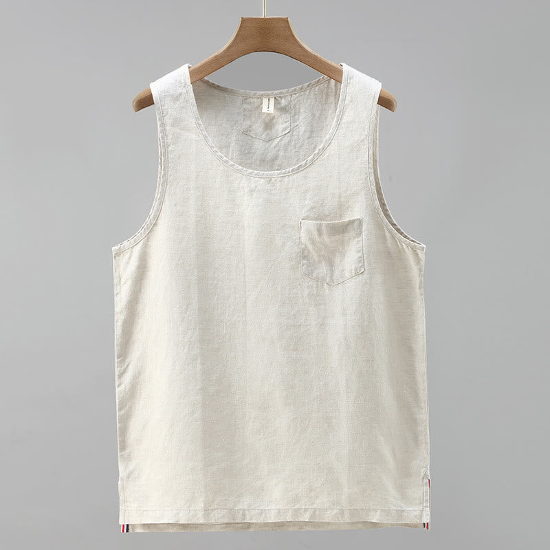 Buddha Stones Summer Solid Color Side Slit Design Sleeveless Men's Linen Vest - Beige - US/UK/AU42，EU52 (3XL) - image 0