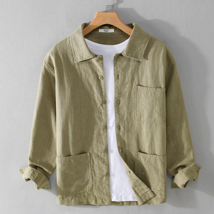 Buddha Stones Commute Fall Solid Color Lapel Men's Long Sleeve Cotton Linen Shirt With Pocket - YellowGreen - US/UK/AU42，EU52 (3XL) - image 26