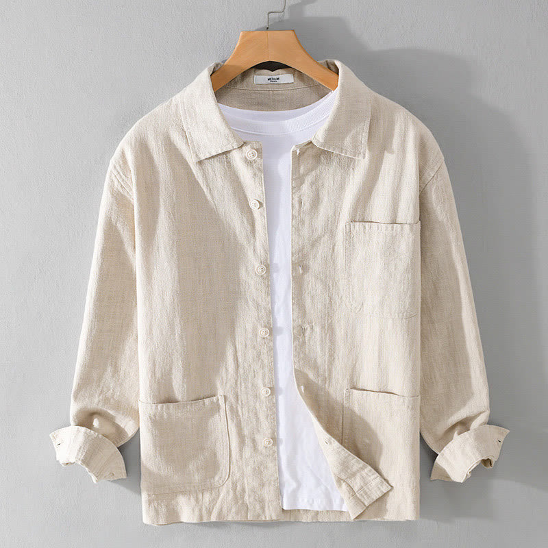 Buddha Stones Commute Fall Solid Color Lapel Men's Long Sleeve Cotton Linen Shirt With Pocket - Beige - US/UK/AU42，EU52 (3XL) - image 0