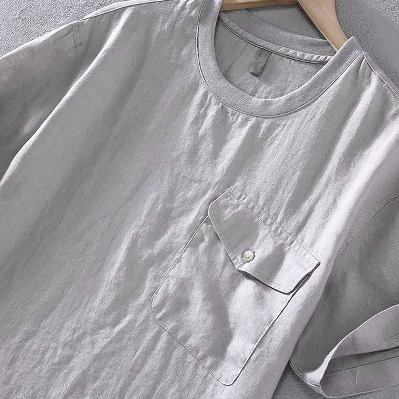 Buddha Stones Crew Neck Simple Design Men's Short Sleeve Linen Shirt With Pocket - image 5