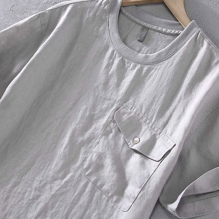 Buddha Stones Crew Neck Simple Design Men's Short Sleeve Linen Shirt With Pocket - image 5