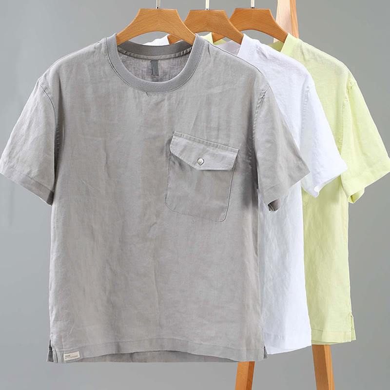 Buddha Stones Crew Neck Simple Design Men's Short Sleeve Linen Shirt With Pocket - image 14