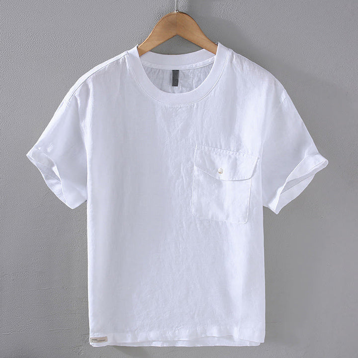 Buddha Stones Crew Neck Simple Design Men's Short Sleeve Linen Shirt With Pocket - White - US/UK/AU42，EU52 (3XL) - image 12
