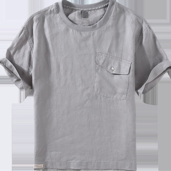 Buddha Stones Crew Neck Simple Design Men's Short Sleeve Linen Shirt With Pocket - image 3