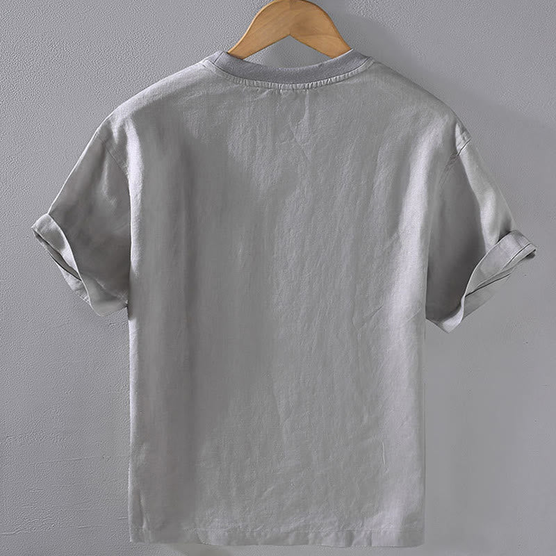 Buddha Stones Crew Neck Simple Design Men's Short Sleeve Linen Shirt With Pocket - image 2