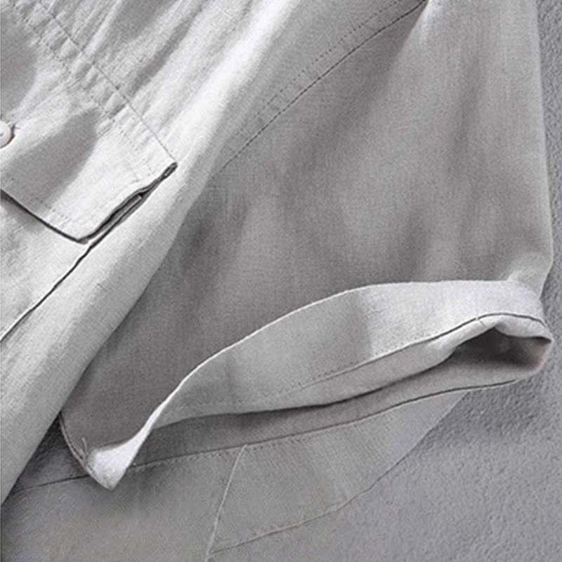 Buddha Stones Crew Neck Simple Design Men's Short Sleeve Linen Shirt With Pocket - image 8