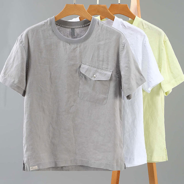 Buddha Stones Crew Neck Simple Design Men's Short Sleeve Linen Shirt With Pocket - image 13