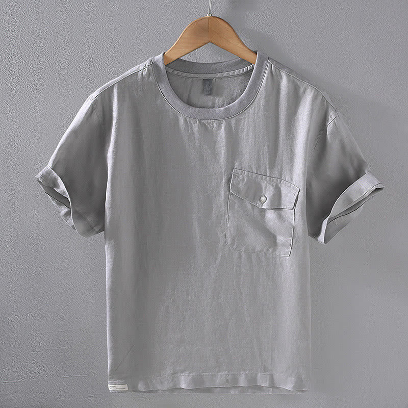 Buddha Stones Crew Neck Simple Design Men's Short Sleeve Linen Shirt With Pocket - DarkGray - US/UK/AU42，EU52 (3XL) - image 1