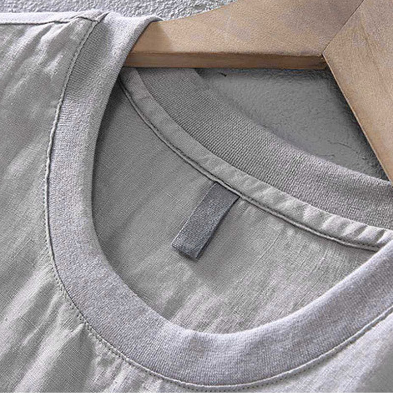 Buddha Stones Crew Neck Simple Design Men's Short Sleeve Linen Shirt With Pocket - image 4