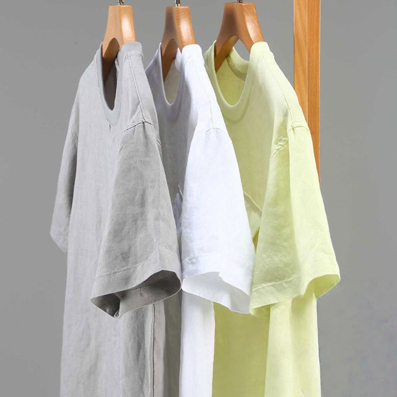 Buddha Stones Crew Neck Simple Design Men's Short Sleeve Linen Shirt With Pocket - image 13