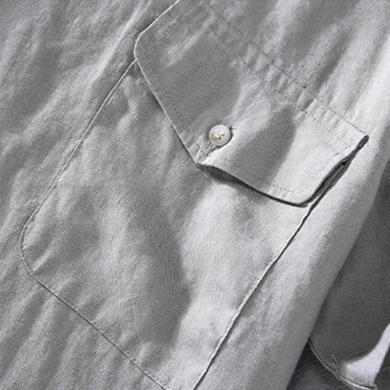 Buddha Stones Crew Neck Simple Design Men's Short Sleeve Linen Shirt With Pocket - image 6