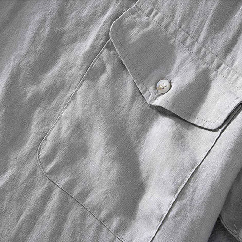 Buddha Stones Crew Neck Simple Design Men's Short Sleeve Linen Shirt With Pocket - image 9